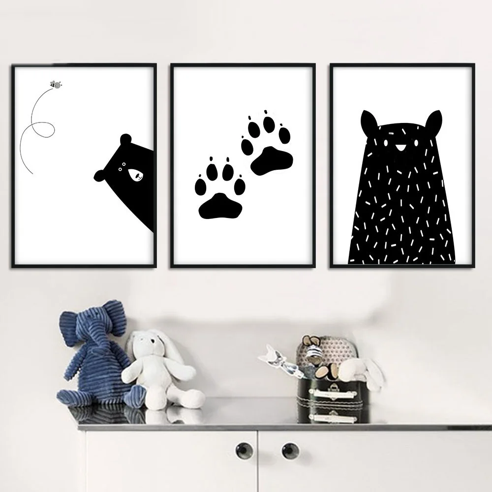 Hitam Putih Beruang Paw Hewan Dinding Decor Kanvas Lucu Poster