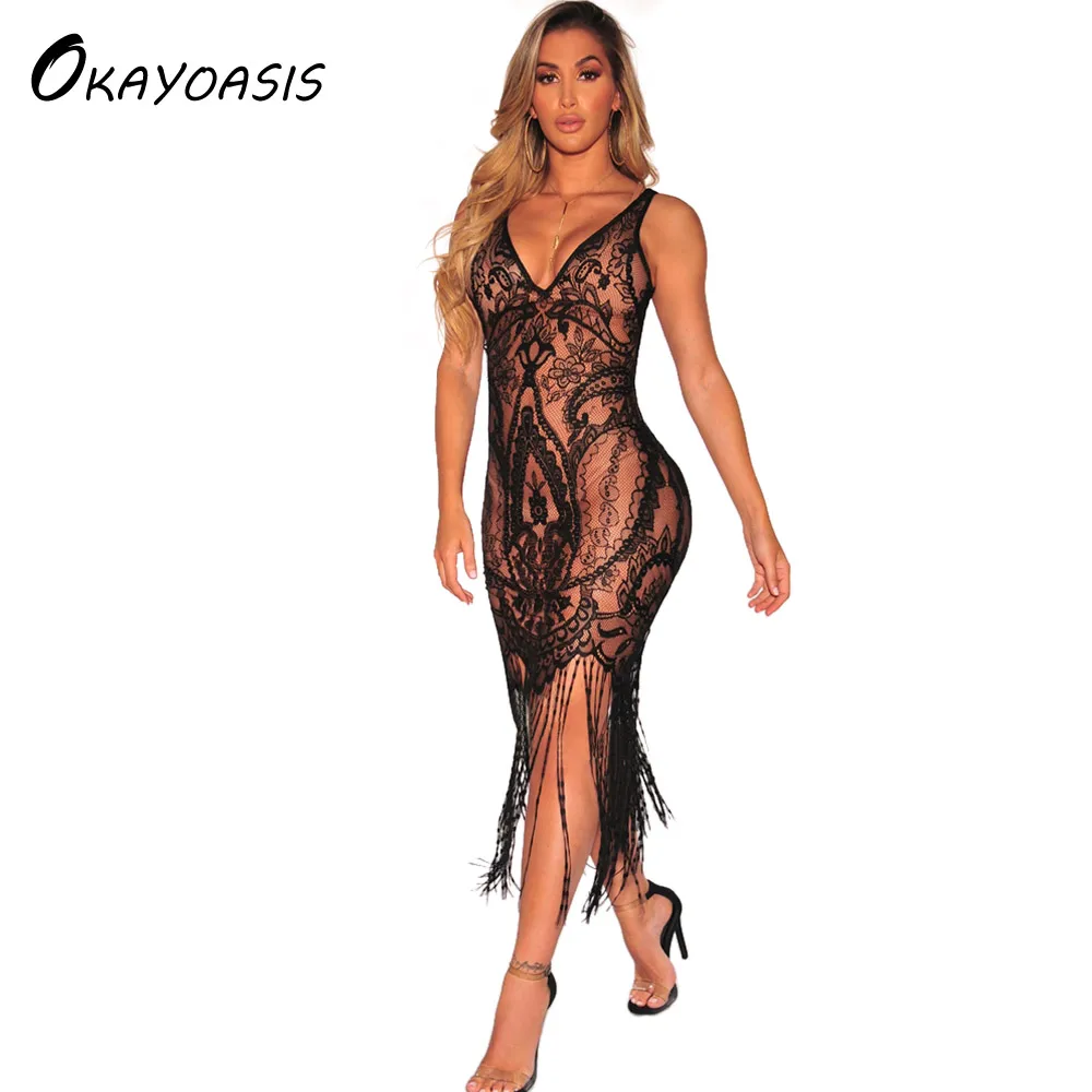 

OKAYOASIS Sexy Bandage Dress New Design Party See Through Dress Mesh Hollow Out Bodycon V Neck Lace Dress