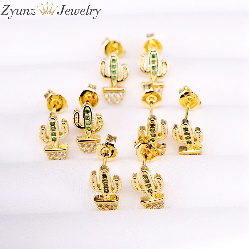 

10 Pairs, Gold color Cactus Plant Stud Earrings for Women Green Crystal CZ Earrings Romantic Jewelry