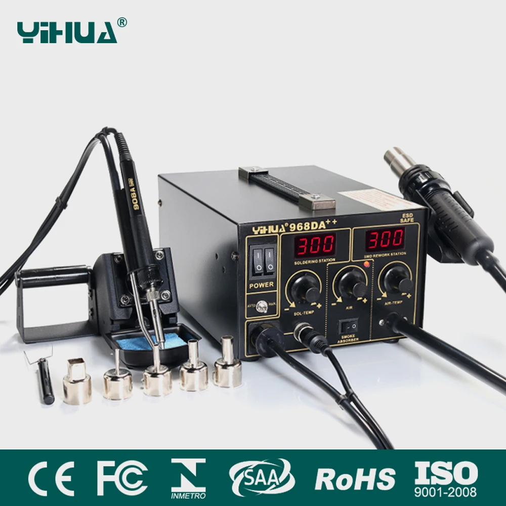 YIHUA 968DA + электронный сотовый телефон 3 In1 пайки горячего воздуха наладочная и ремонтная станция с цифровой SMD паяльник 110 В/220 В