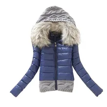 Camisola das mulheres Casacos de Gola De Pele Amassado Jaqueta de Retalhos de Algodão Knittwear Casacos Magro Curto Parkas Plus Size 3XL WDC1467(China)