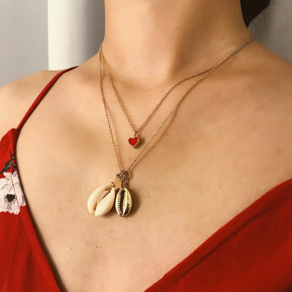 

KMVEXO Bohemian 2 Layers Heart Shell Pendant Necklace Statement Alloy Shell Stars Necklaces for Women Boho Beach Jewelry Bijoux