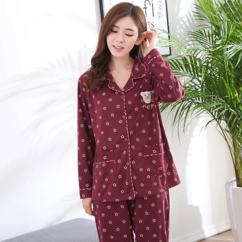 

Plus Size 100% Cotton Pajama Sets for Women 2019 Autumn Winter Long Sleeve Print Pyjama Ladies Loungewear Homewear Home Clothing