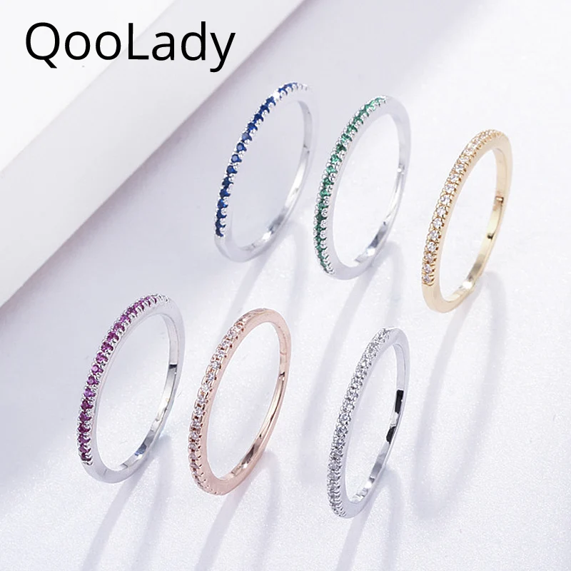 

QooLady New Fashion Micro Pave Green Red Cubic Zircon Engagement Party Round Simple Skinny Finger Ring for Women CZ Jewelry F001