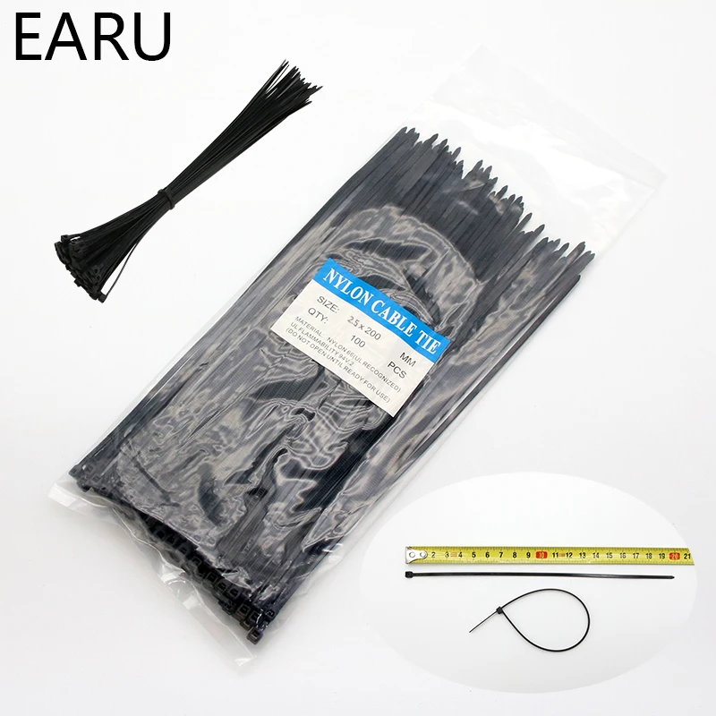 200mm Self-locking Nylon Cable Ties 8inch 100pcs Plastic Zip Tie 18 Lbs Black Wire Binding Wrap Straps SGS UL Certified Fastener