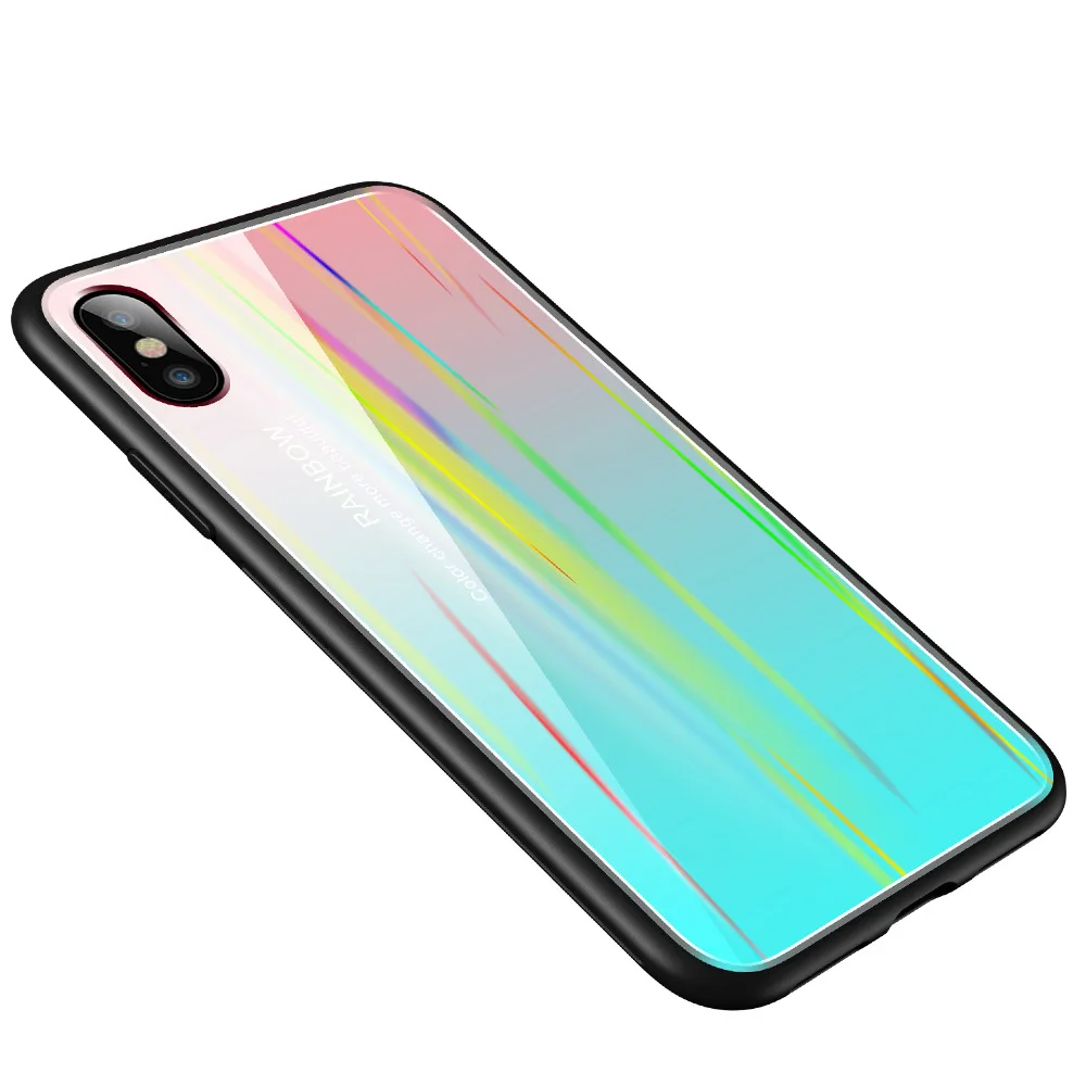 Iphone X Case Phone 6 6s 7 8 Plus 7plus Gradual Change Rainbow Colorful Light Glass TPU+Tempered Hard Cover |