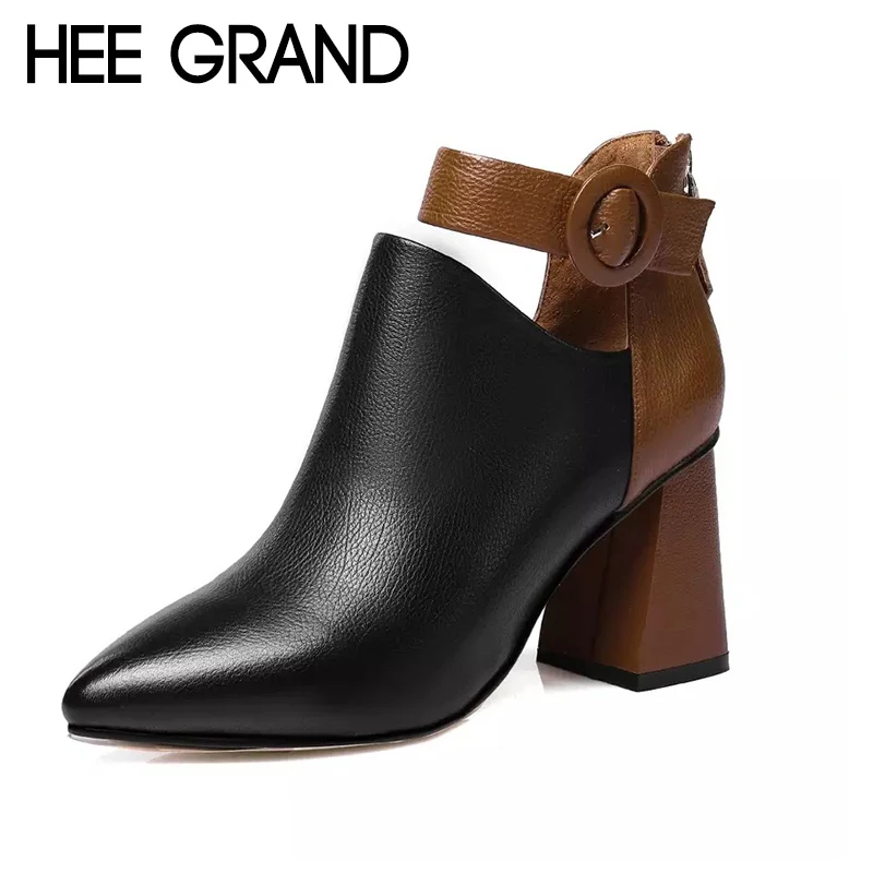 

HEE GRAND 2019 New Women Fashion Boots Spring Shoes with Buckle Strap Leather Medium High Heel Ankle Boots Mujer Shoes XWX7194