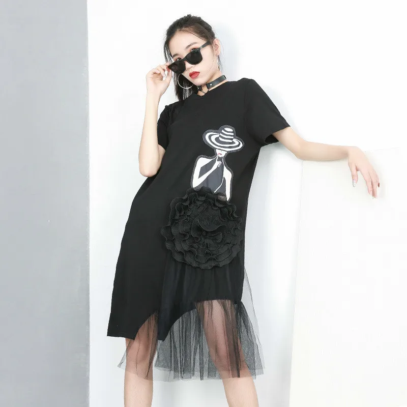 

LANMREM 2020 New Round Neck Short Sleeve Stitching Gauze Irregular Black Whtie Casual Dress For Women Lady Summer Clothing QF117