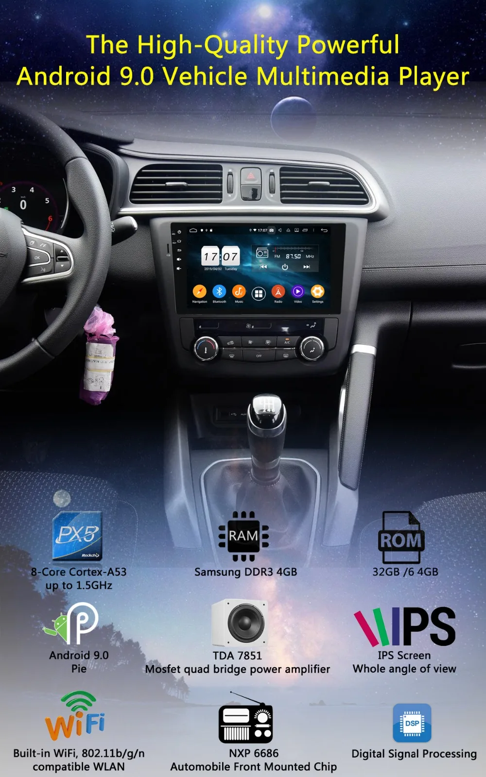 Excellent 9" IPS Octa Core 4G+64G Android 9.0 Car Multimedia Player For Renault Kadjar 2015-2019 GPS Radio Stereo DSP CarPlay Parrot BT 1