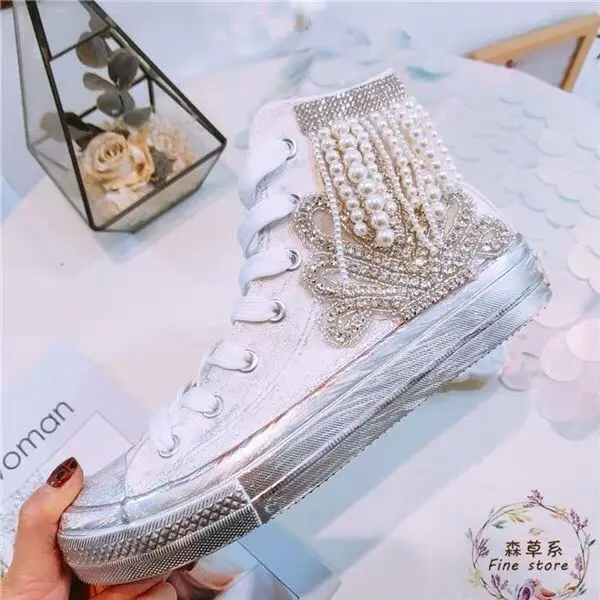 2019 New Chaohan Customized Water Diamond Three-dimensional Decoration Fashion Super-high Lace Canvas Shoes 2019 New Chaohan Customized Water Diamond Three-dimensional Decoration Fashion Super-high Lace Canvas Shoes