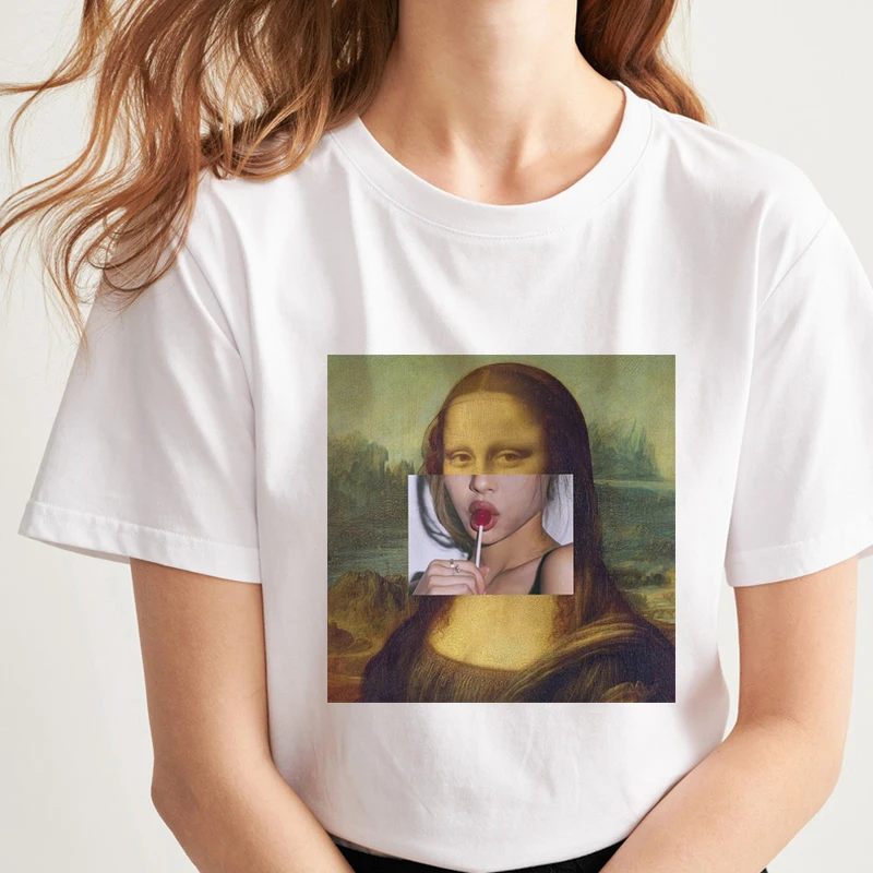 Пародия Мона Лиза Красота Девушка есть сахар печати летнее платье Harajuku Повседневная мода ins индивидуальность Женская футболка Топы - Цвет: 6