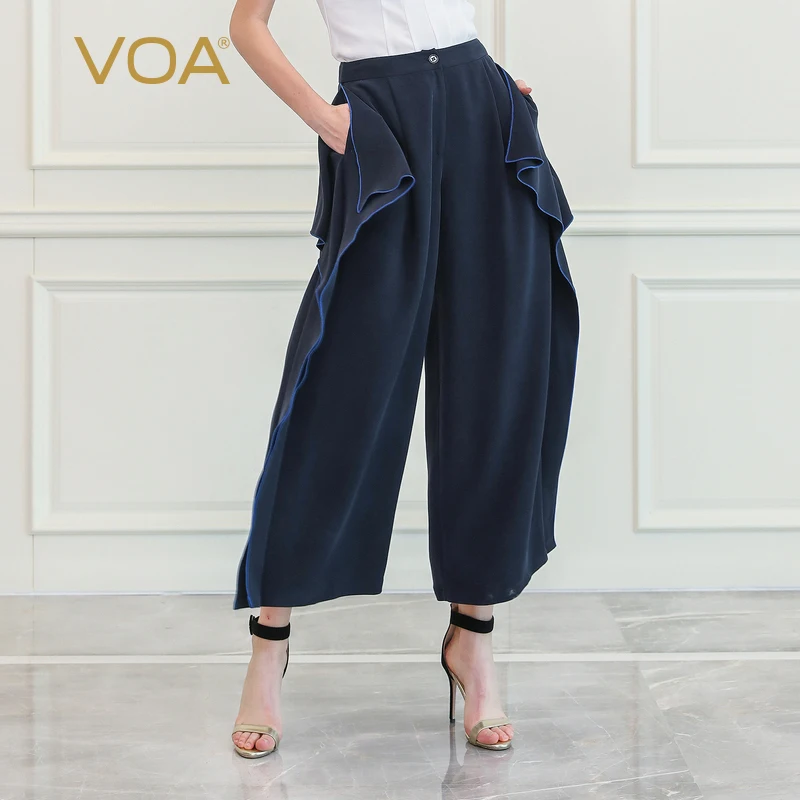 

VOA Heavy Silk Palazzo Pants Casual Women Trousers Navy Blue Loose Plus Size Clothes High Waist Wide Leg Sweatpants Autumn K830