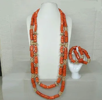 

30 Inches Long Coral Necklace Bracelet Earrings Set Real Coral and Gold Nigerian Wedding African Beads Jewelry Set CNR069
