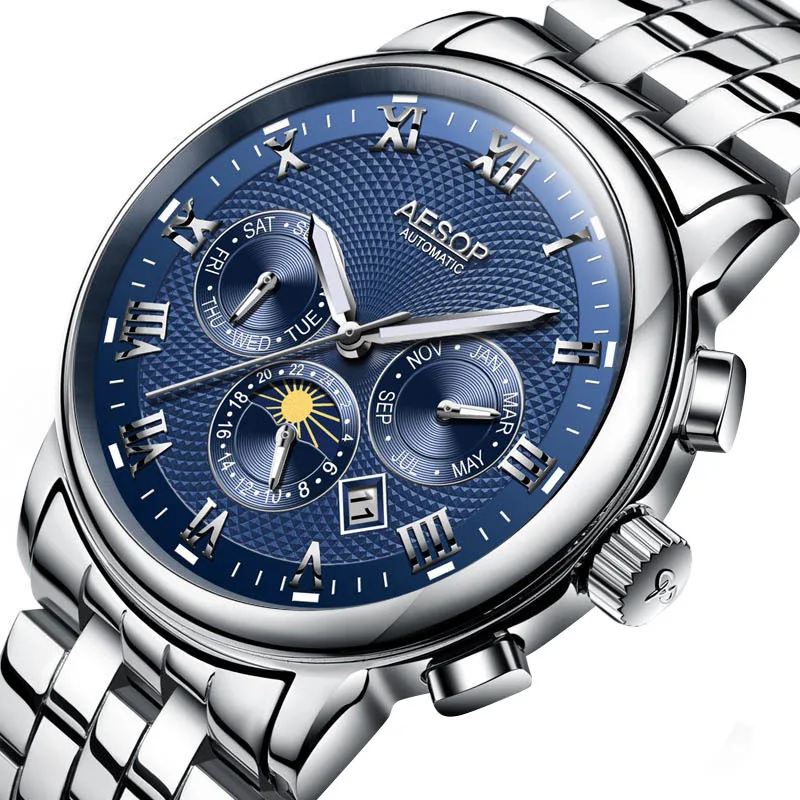 Новые Роскошные мужские часы AESOP, мужские синие автоматические механические наручные часы, мужские часы из нержавеющей стали, мужские часы - Цвет: blue