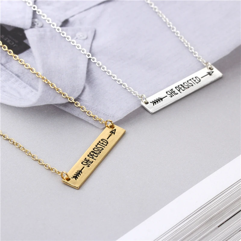 

New Simple Bar Pendant Handmade Lettering"SHE PERSISTED"Necklace Jewelry Gold/Silver Personality Bar Inspirational Necklace