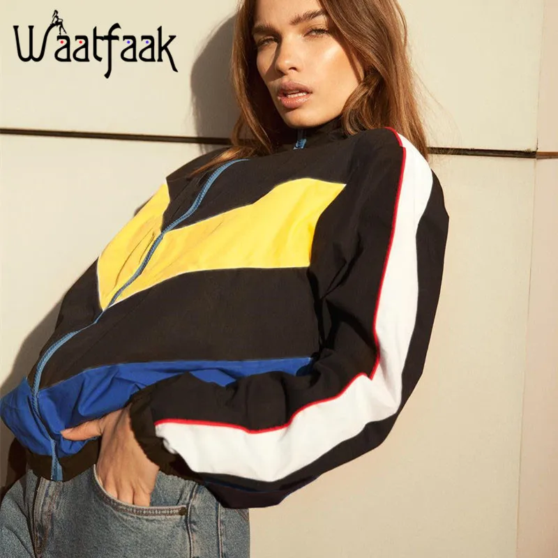 

Waatfaak Spring Autumn Jacket Women Oversize Black Patchwork Bomber Jacket Patched Windbreaker Zipper Up Coats And Jackets Women