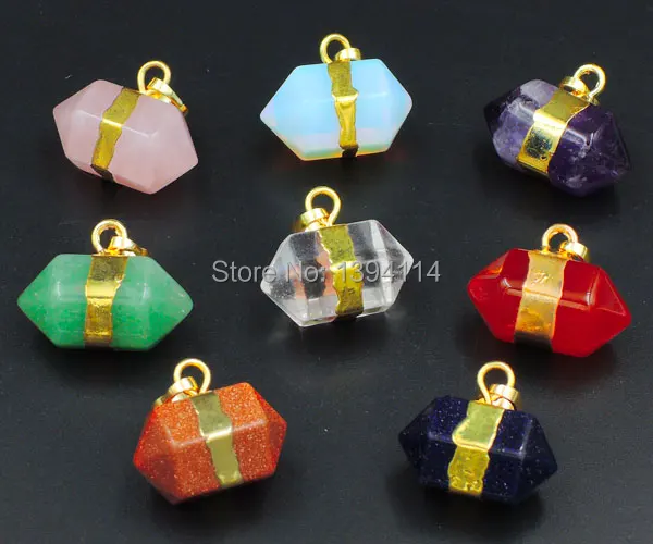 

Mixed Stones Pink Quartz / Green Aventurine / Blue Sand Point Hexagonal Column Bead Pendants Of Gold Cladding Approx 20*13 mm