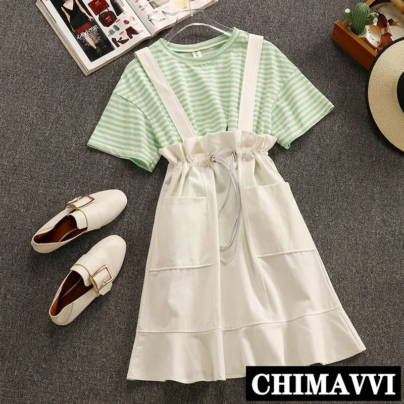 

Summer Dress Set 2019 New Korean Women's Short Sleeve Loose Stripes T-shirt + Suspender Skirt Two Piece Students Dress