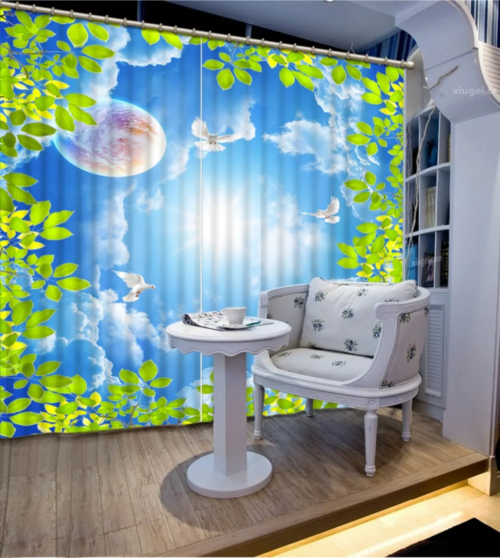 

3D Curtain Photo Customize size 3D Blue sky white clouds pigeon moon green leaves Home Bedroom Decoration Blackout Curtain Fabri