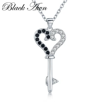 

[BLACK AWN] Trendy 925 Sterling Silver Jewelry Black Spinel Key Slide Necklaces Pendants for Women P129