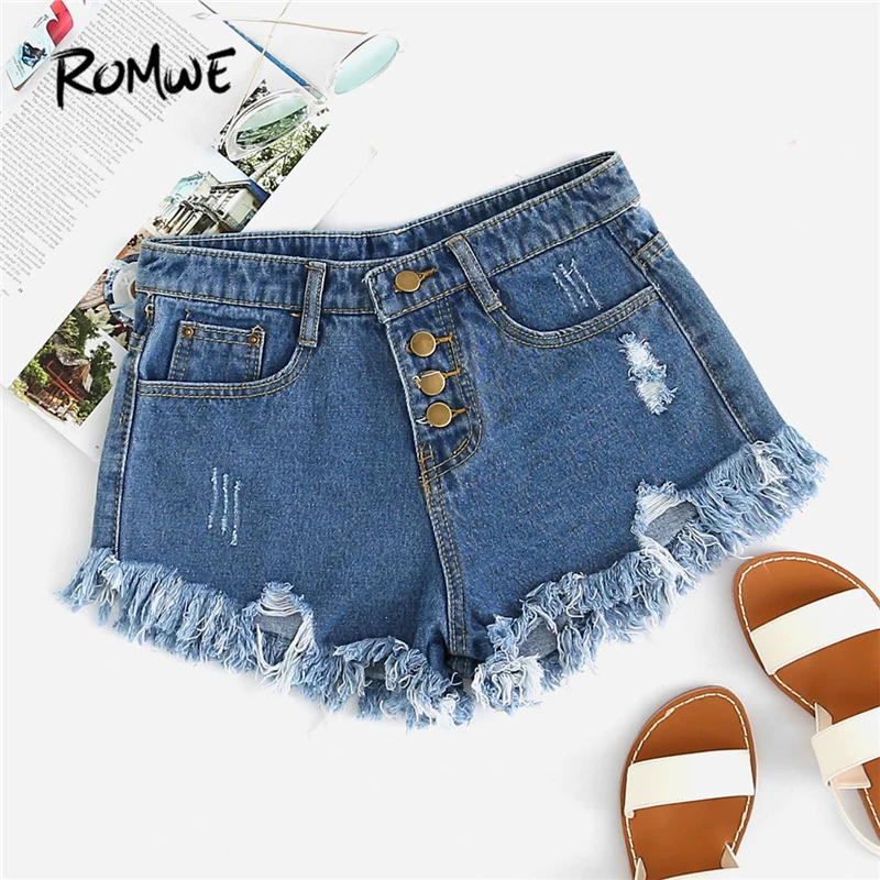 

ROMWE Blue Distressed Fray Hem Denim Shorts Spring New Ripped Hem Mid Waist Shorts Women Button Fly Denim Plain Shorts