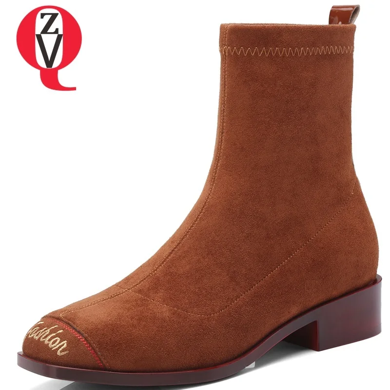 

ZVQ new fashion concise kid suede square toe slip-on med hoof heels ankle boots three colors outside comfortable women shoes