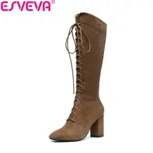 ESVEVA/ г. Женские Ботинки Зимняя обувь на молнии Короткие Плюшевые сапоги до колена ботинки из PU искусственной кожи на высоком квадратном каблуке с квадратным носком женские размеры 34-39