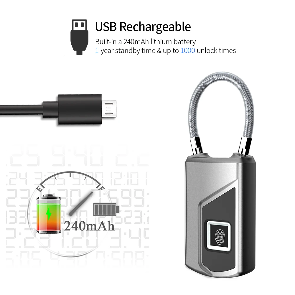 USB Перезаряжаемый Умный Замок без ключа отпечатков пальцев замок IP65 Водонепроницаемый Противоугонный замок безопасности дверь Багаж