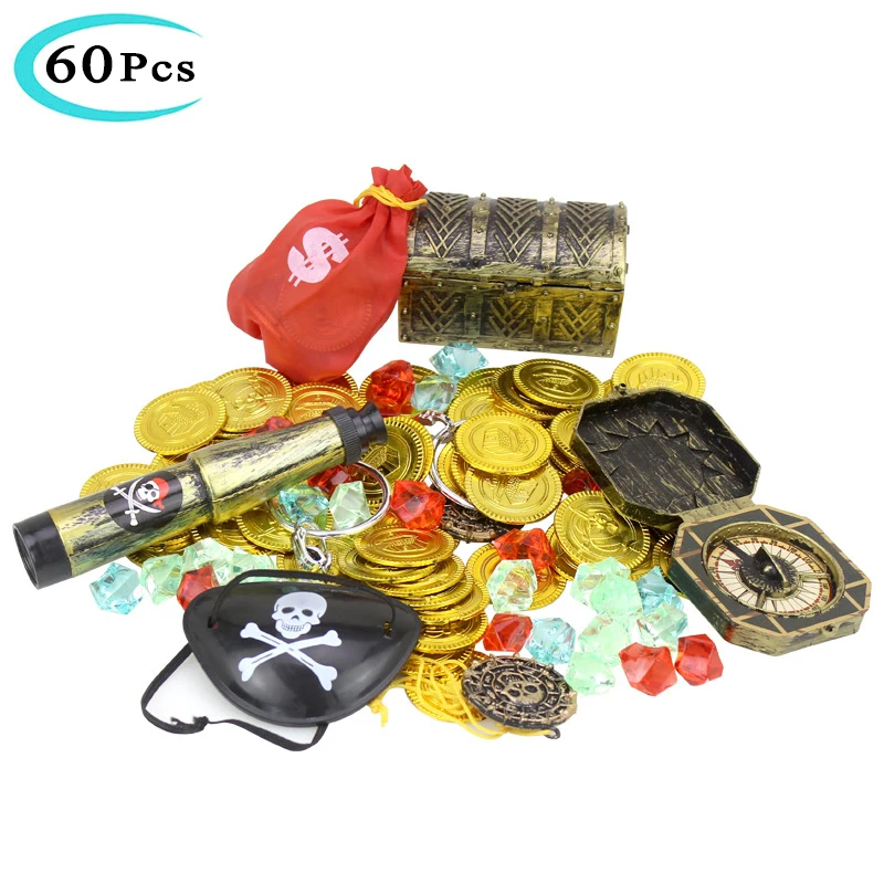 

60 Pcs Pretend Play Nautical Pirate Treasure Toy Pirate Treasure Hunting Game Gold Coin Gem One-eyed Telescope Props Boy Toys