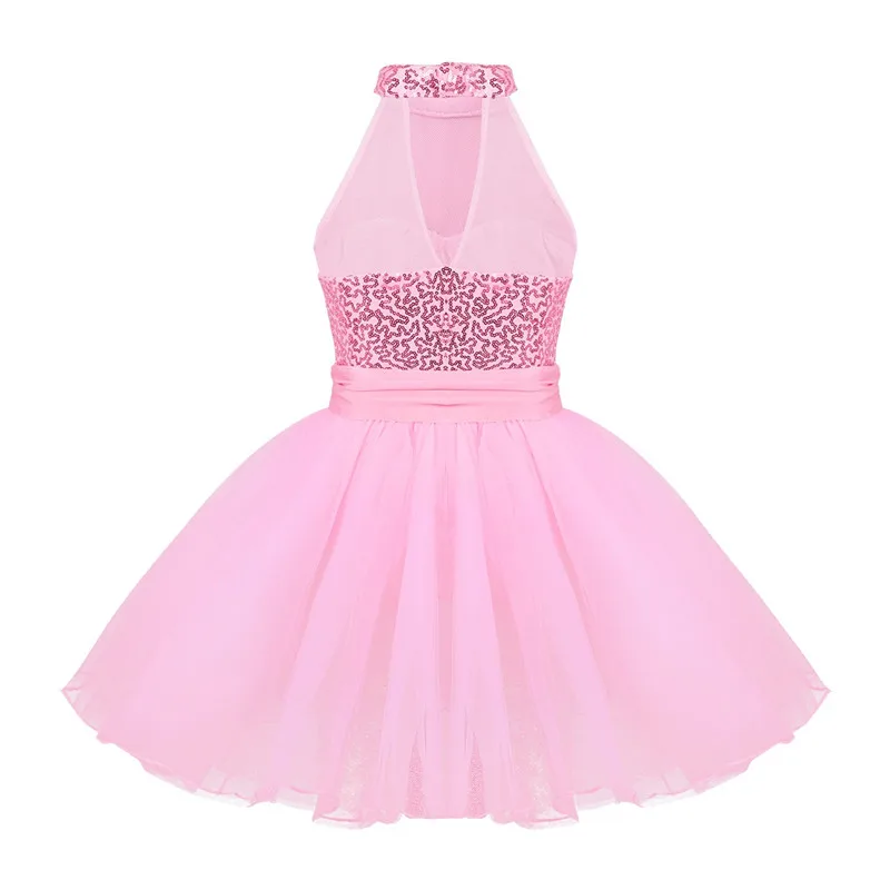 Kids Girls Mock Neck Ballet Dance Dress Gymnastic Leotard Shiny Sequins Sleeveless Mesh Splice Ballet Leotard Flower Girls Dress