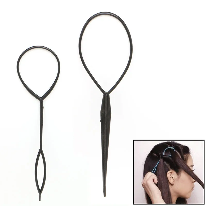 

New 2Pcs Ponytail Creator Plastic Loop Styling Tool Black Topsy Pony Tail Hair Braid tools Hot Sale