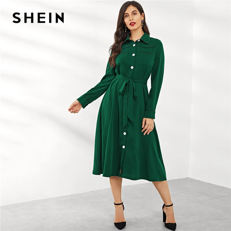 SHEIN Green Going Out Weekend Casual Button Up Belted Split Dress 2018