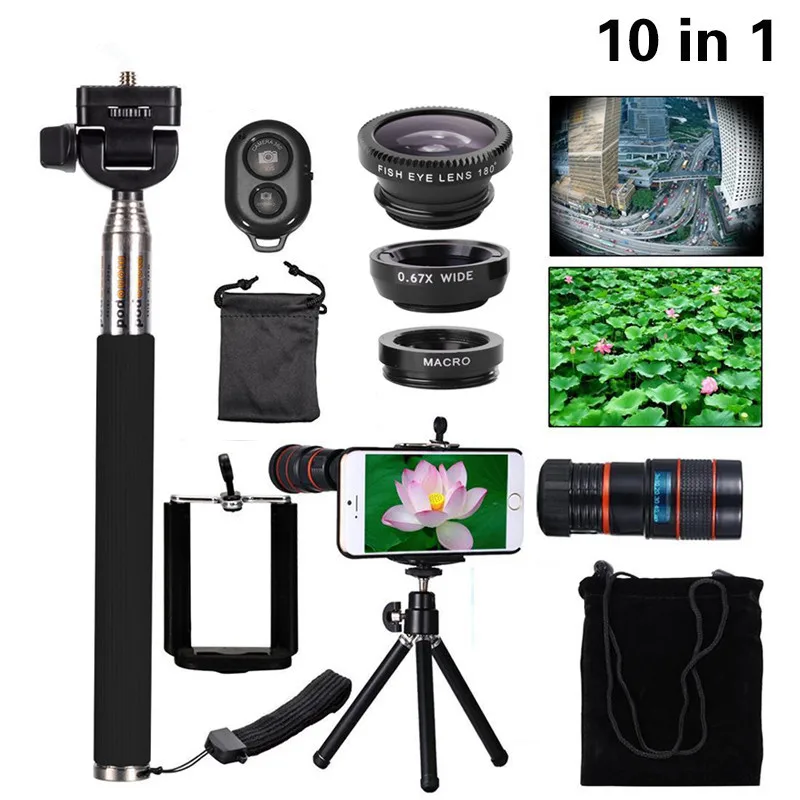 Multi function 10in1 Phone Camera Lens Kit 8x Telephoto Lenses Fisheye Wide Angle Macro Lentes Selfie