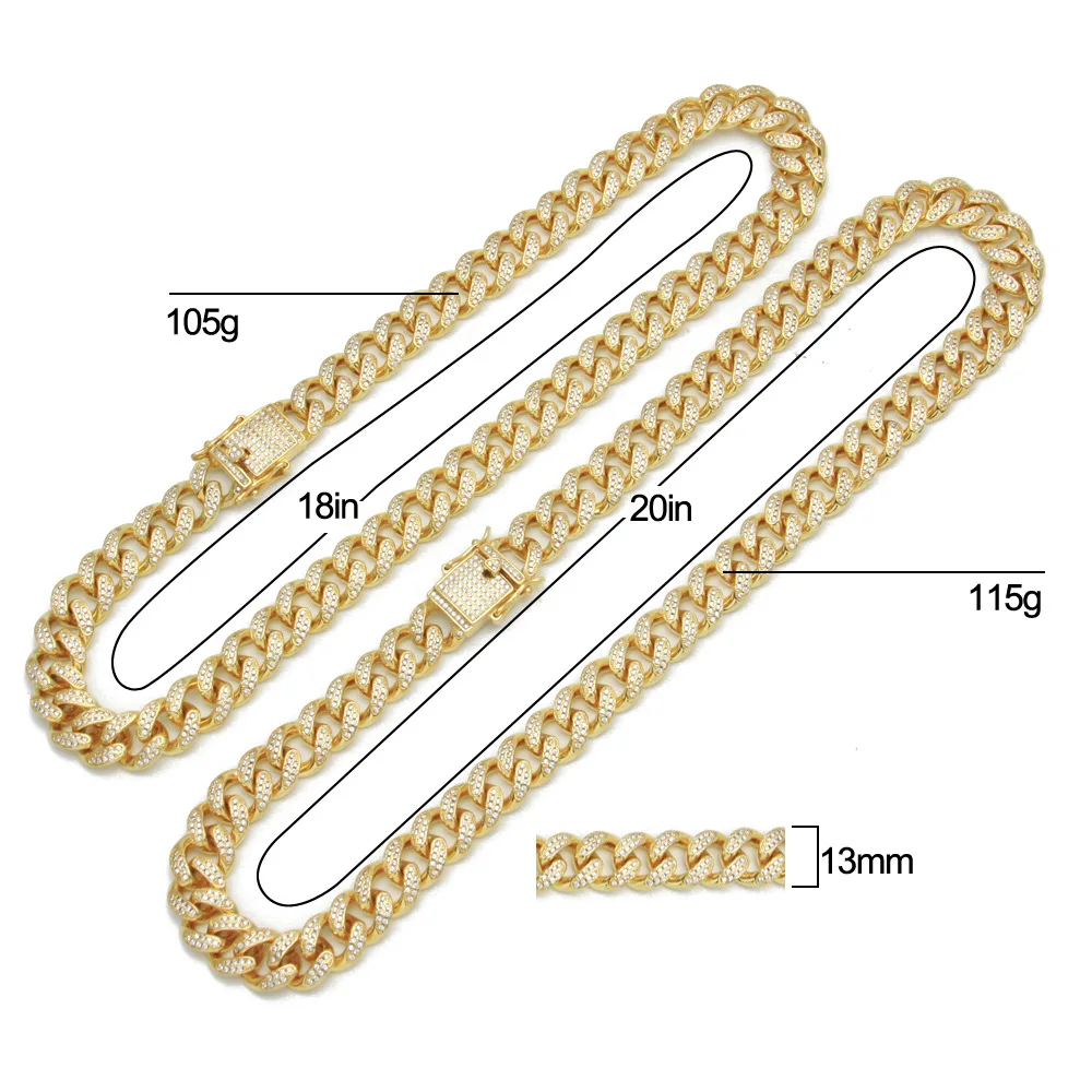 

13mm Men Hip Hop Bling Miami Finish Cuban Clasp Golden Necklaces Full Zircon Rhinestone Chains Women Insurance buckle Jewelry