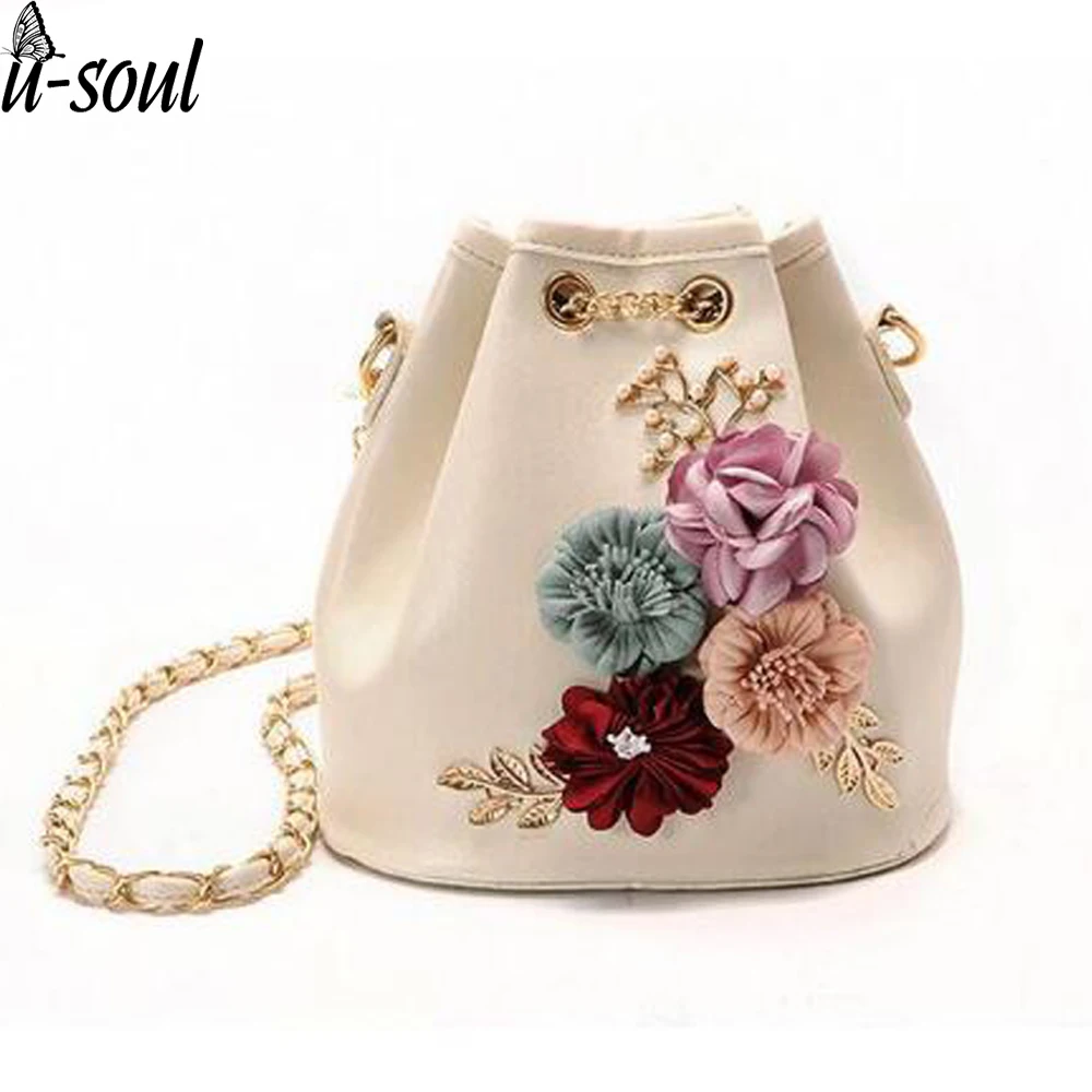 

Women's chain Handmade Flowers bucket bag shoulder bag Drawstring Crossbody Bags Pearl Wallet Casual Mini Messenger Bags A10349