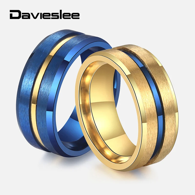 

Stainless Steel Rings For Men Gold Blue Groove Mens Wedding Band Ring Matte Fashion Male Jewelry Gifts Dropshipping 8mm LKRM46