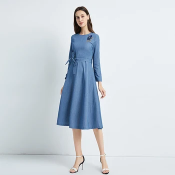 

Spring Women Dress O-neck A-line Solid Vestido Full Sleeves Appliques Sashes Womens Dresses Brief And Temperament