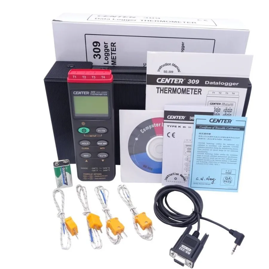 CENTER-309 Digital K Type Industrial Thermocouple Thermometer 4 Inputs 16000 Records Datalogger