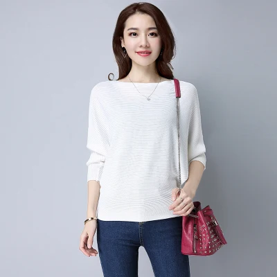 Плюс размер 4XL вязаный свитер для женщин Весна три четверти рукав летучая мышь твердые тонкие шелковые топы женские Пуловеры Свободная одежда - Цвет: white