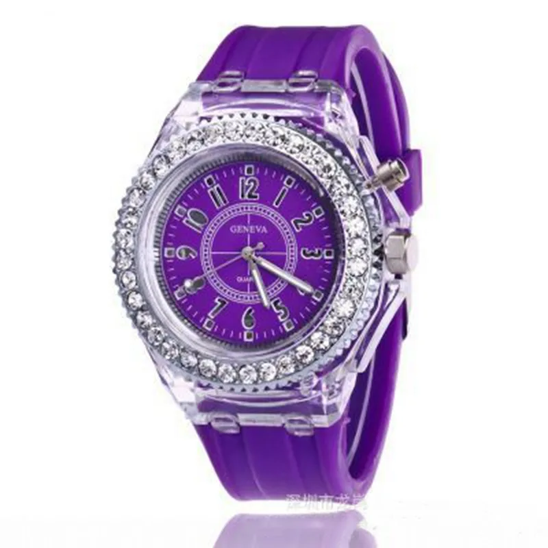 Женские часы женские часы парные Led Светящиеся Geneva часы мальчики девочки часы светящиеся ночные Montres люксовый бренд - Цвет: Фиолетовый