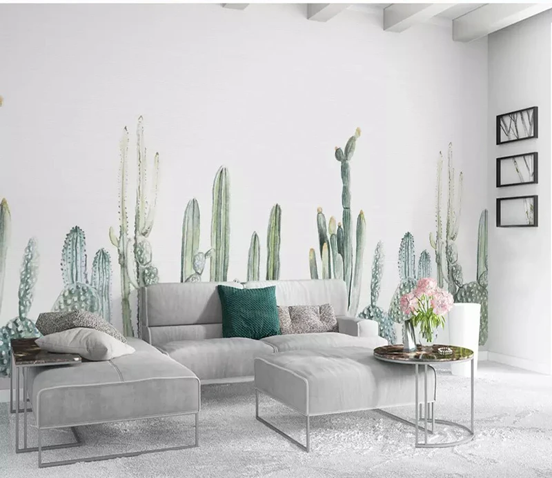 Modern 8d Hand-painted Wall paper Mural 3D Cactus Wallpaper sticker paper For Living room Bedroom Background Wall Murals Decor
