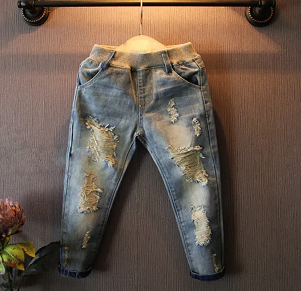 Джинсы для маленьких девочек Новинка года; сезон лето-весна; Детские винтажные джинсовые брюки с дырками высокого качества; модные детские штаны; одежда - Цвет: jeans
