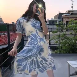 Платье-краситель с цветочным принтом хиппи Vestido Boho Harajuku a Line Vestidos Verano 2019, короткие синие женские вечерние платья в Корейском стиле, Халат