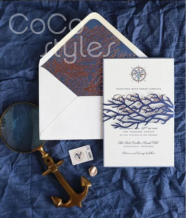  Cocostyles customized romantic coral laser cut design invitation card set with foiling printing for - 32890904447