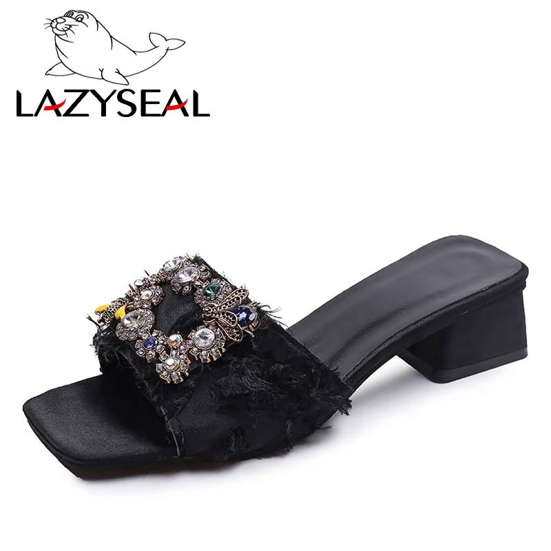 LazySeal; женские шлепанцы на высоком каблуке со стразами; летние женские Босоножки на каблуке с открытым носком; женская обувь с металлической пряжкой - Цвет: Black-2