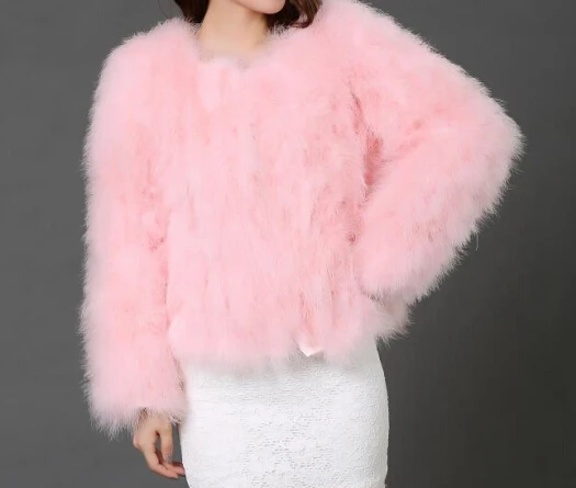 Соблазнительное Женское пальто из страусиной шерсти с натуральным мехом, Женское пальто из натурального пера, короткое, размера плюс 7XL, зимняя Праздничная куртка с длинным рукавом - Цвет: light pink