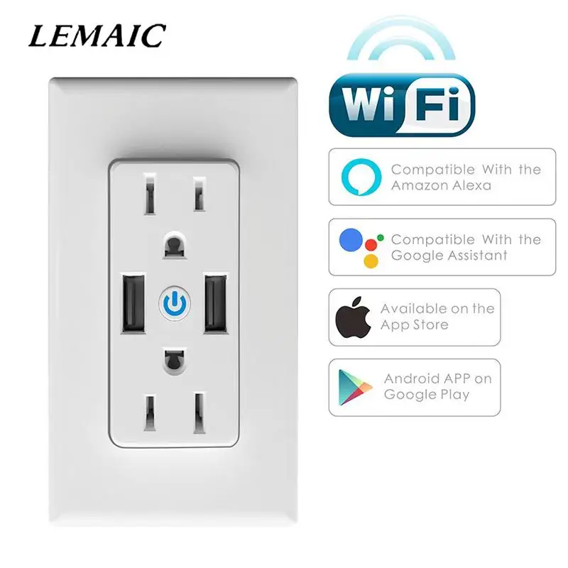

WiFi Smart Socket US Wall Plug 2 AC Outlets 2 USB Output App Remote Control Amazon Alexa Google Home Advanced Smart Switches