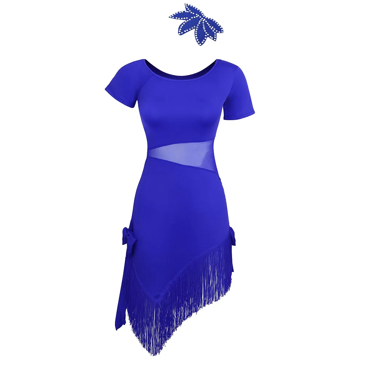 Женское платье для латинских танцев с короткими рукавами для взрослых с бахромой, базовое асимметричное платье для латинских танцев, костюмы для сцены с головной убор - Цвет: Blue