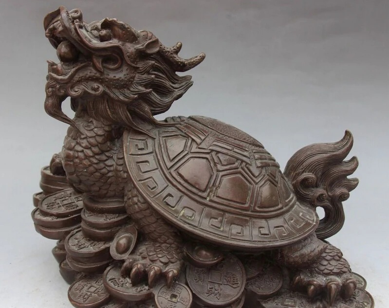 

xd 003325 10" Chinese Bronze Dragon Turtle Tortoise longevity Wealth Yuanbao Coin Statue