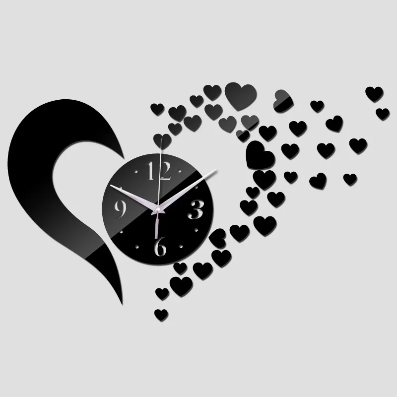 Лидер продаж настенные кварцевые часы в европейском стиле настенные часы с сердечками для гостиной diy зеркальные акриловые наклейки на стену - Цвет: black